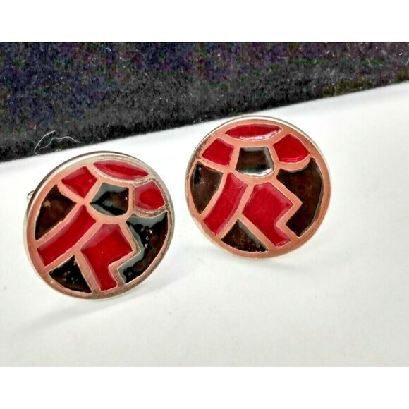 Vintage Men's Round Cuff-links  Silvertone Red & Green Enamel - Picture 6 of 7
